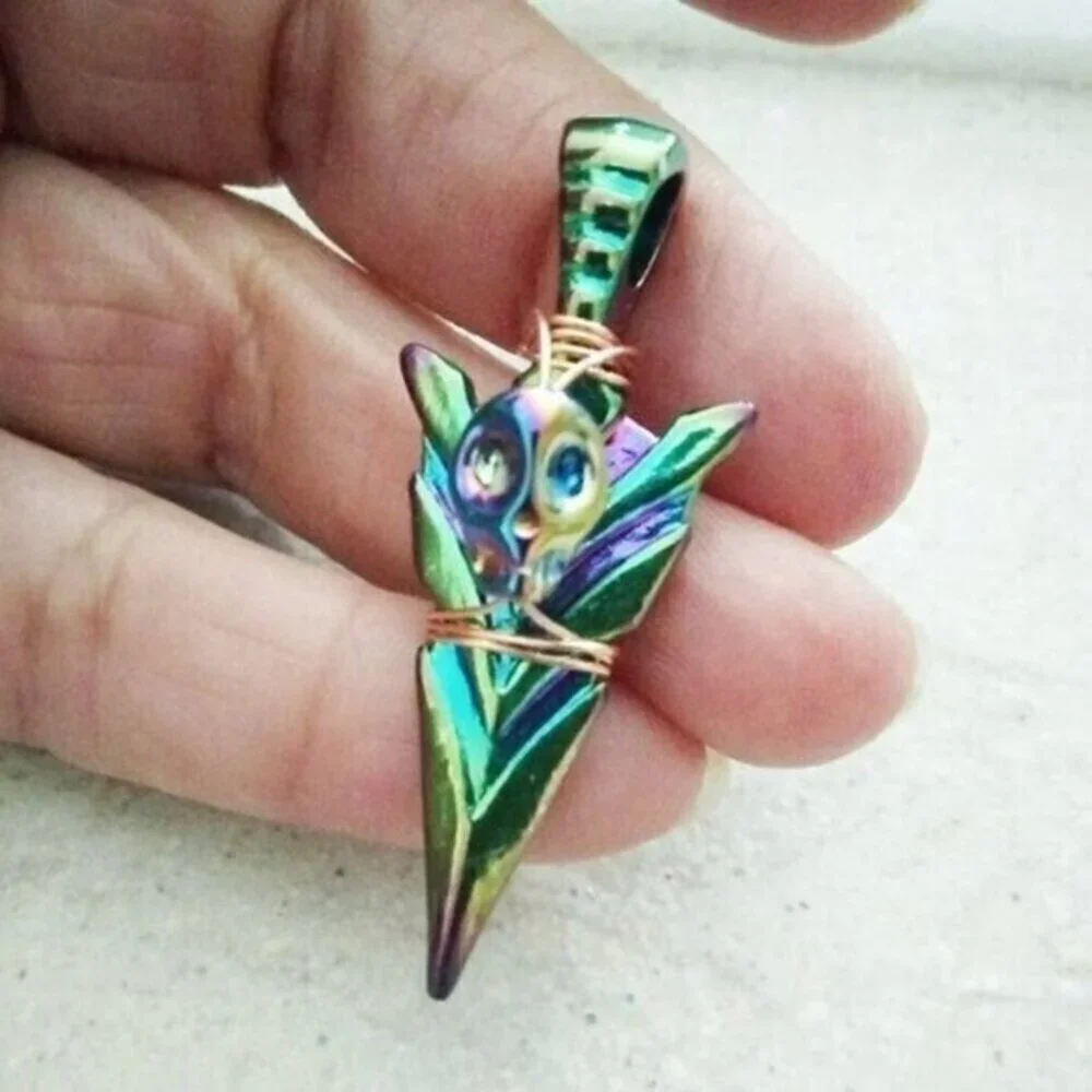 Electroplated Arrowhead + Skull Pendant - Peacock Colors - Spunky Energetic Vibe